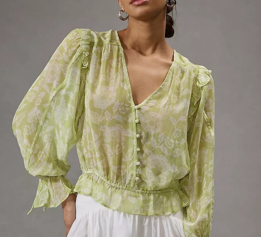 Anthropologie Women's M Pale Lime Floral Voile Button-Front Blouseant NWT